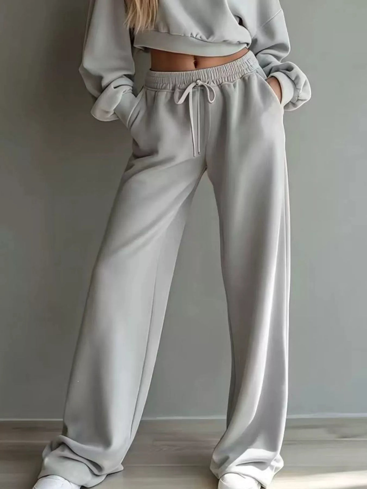 Round Neck Cropped Sweatshirt and Wide-Leg Pants Set