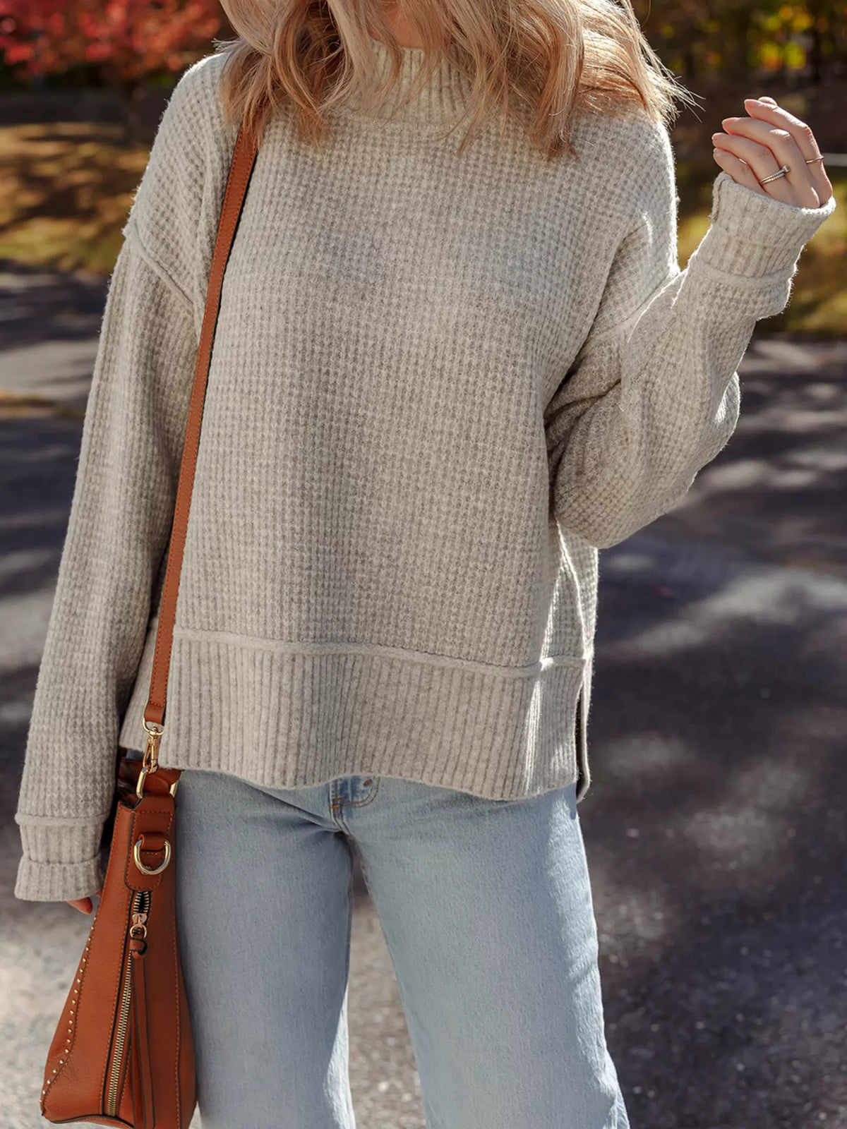 Waffle Texture Knit Ribbed High Neck Drop Shoulder Sweater