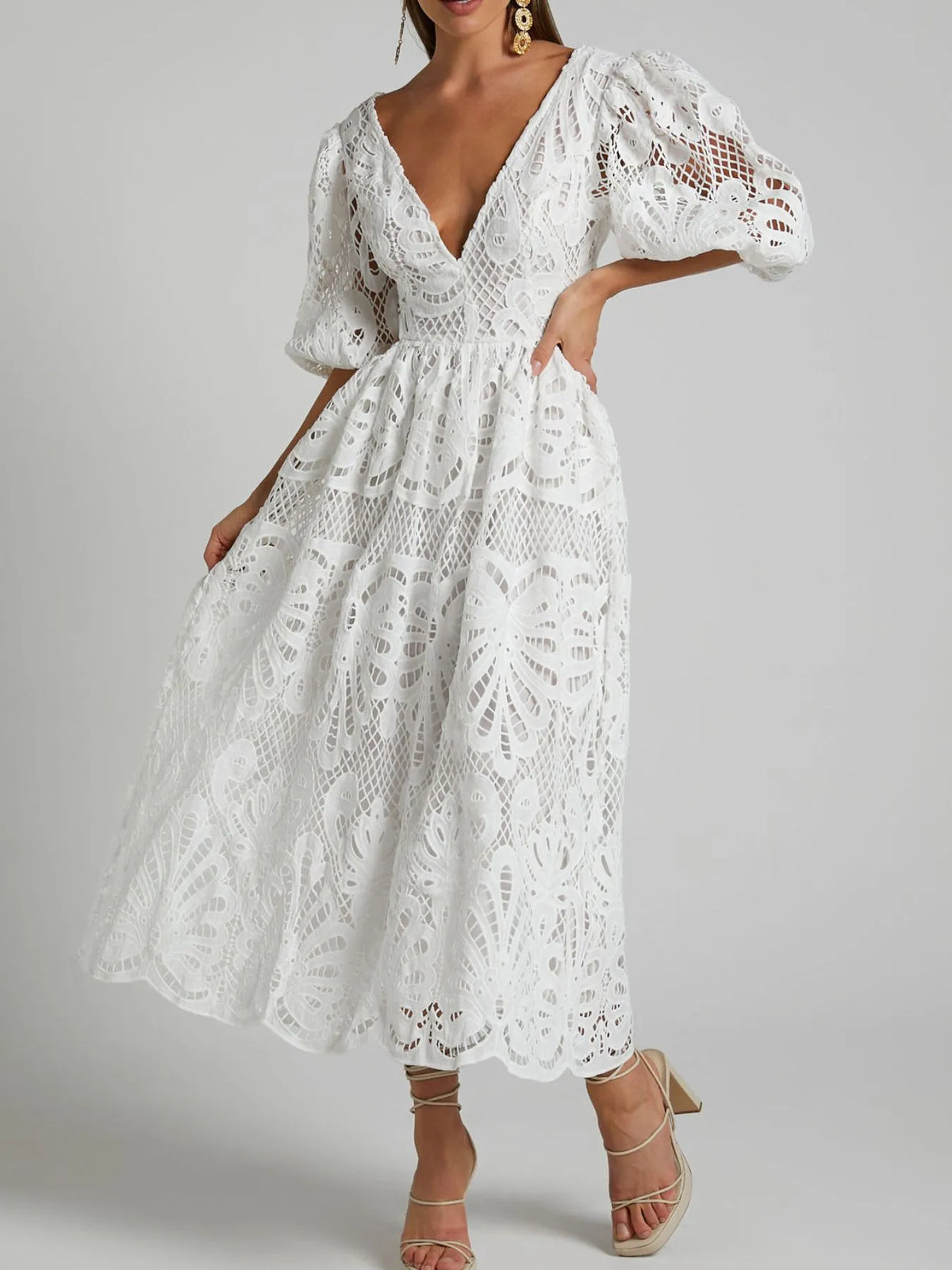 Cutout Back Lace Crochet V-Neck Dress