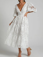 Cutout Back Lace Crochet V-Neck Dress