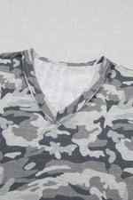 Camouflage Print Raw Edge V Neck Tee