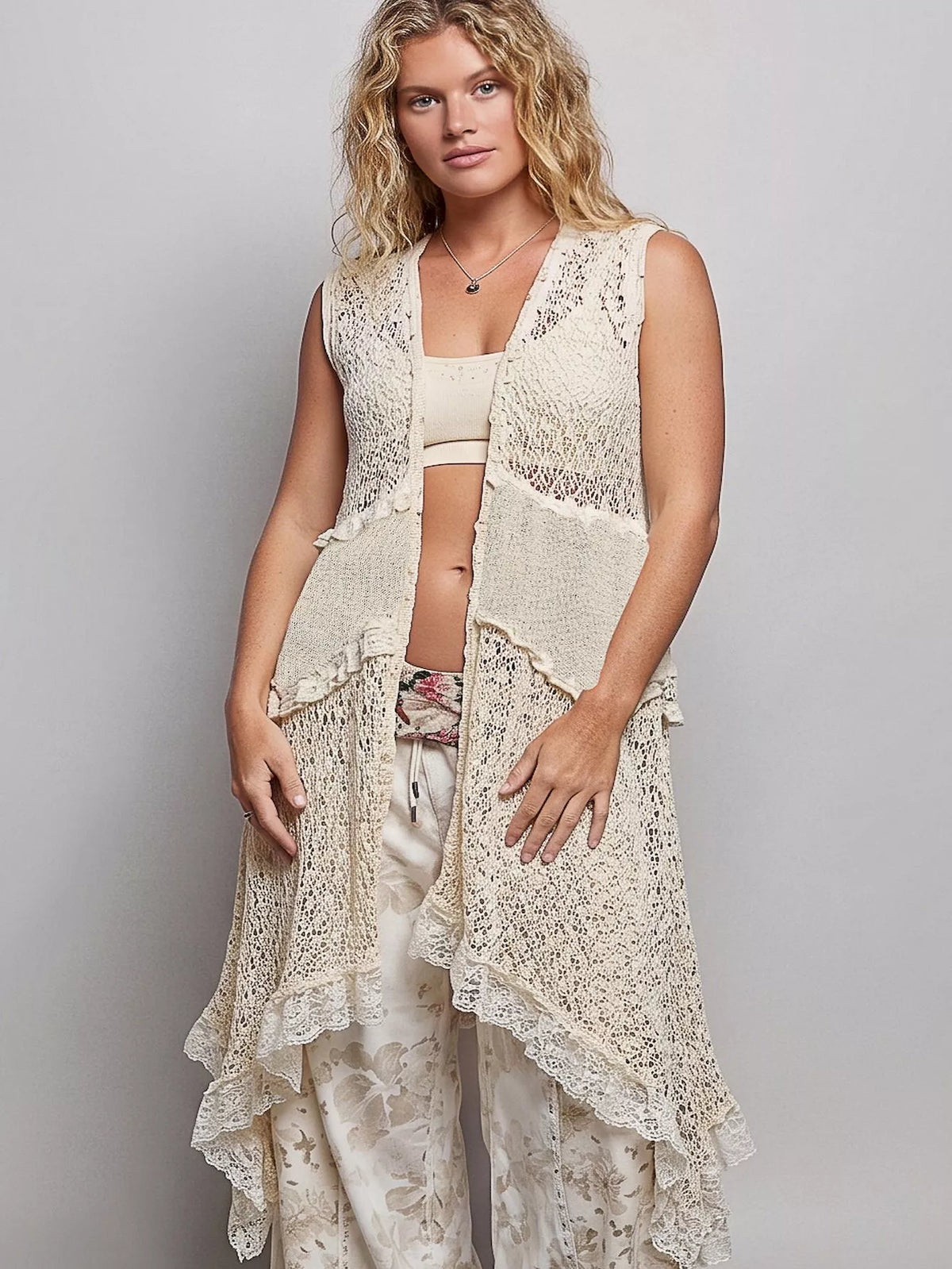 POL Vintage Wash Ruffled Crochet Vest Cardigan