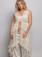 POL Vintage Wash Ruffled Crochet Vest Cardigan