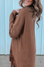 Waffle Knit Fringed High Low Loose Top