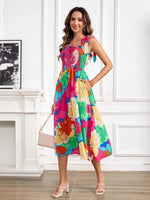 Smocked Printed Tie Shoulder Midi Dress
