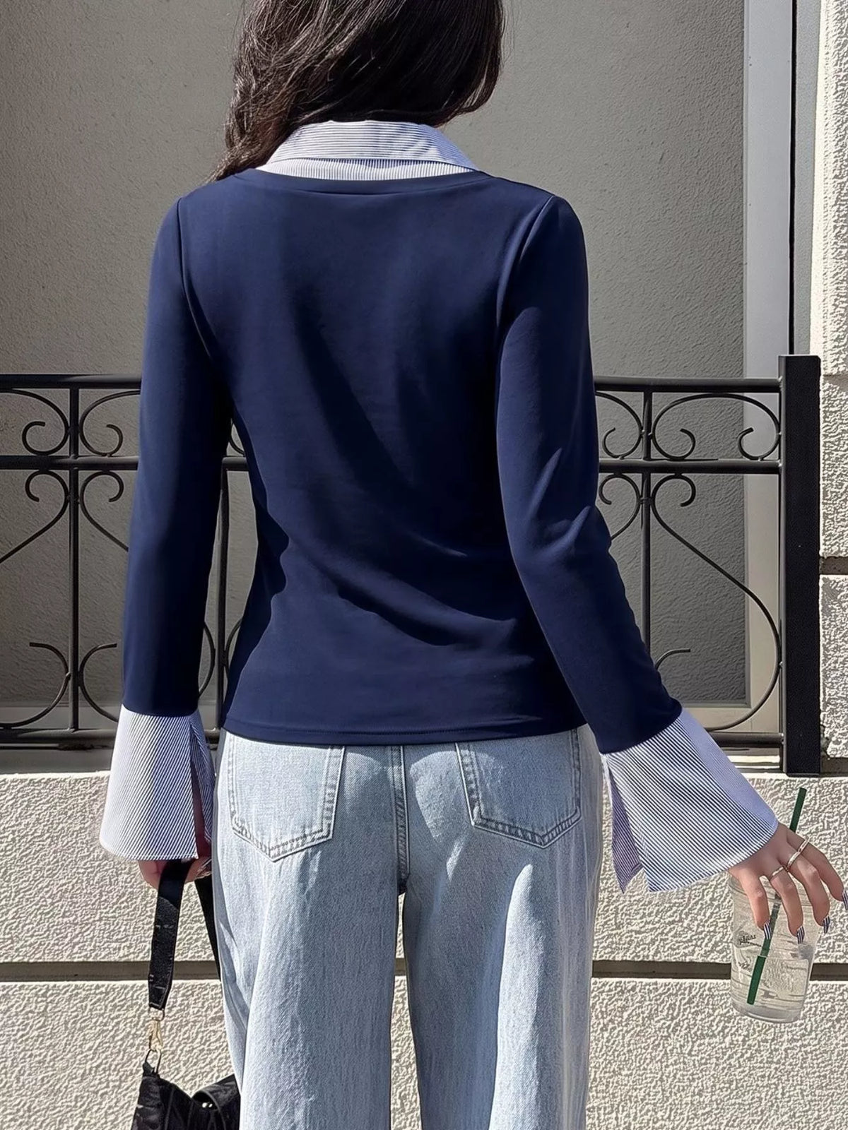 Contrast Collar Long Sleeve Top