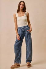SO ME Stripe Denim Barrel Jeans Drawstring Waistband