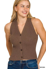 Zenana Ribbed Knit Button-Down Sweater Vest