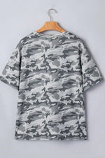 Camouflage Print Raw Edge V Neck Tee