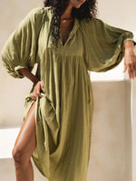 Tie Neck 3/4 Sleeve Midi Dress