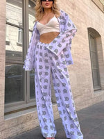 Open Front Cat Print Shirt and Pants Set