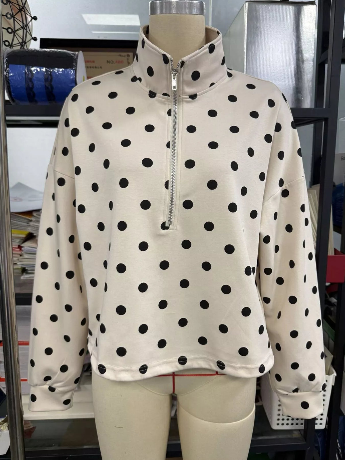 Polka Dot Half Zip Cropped Sweatshirt