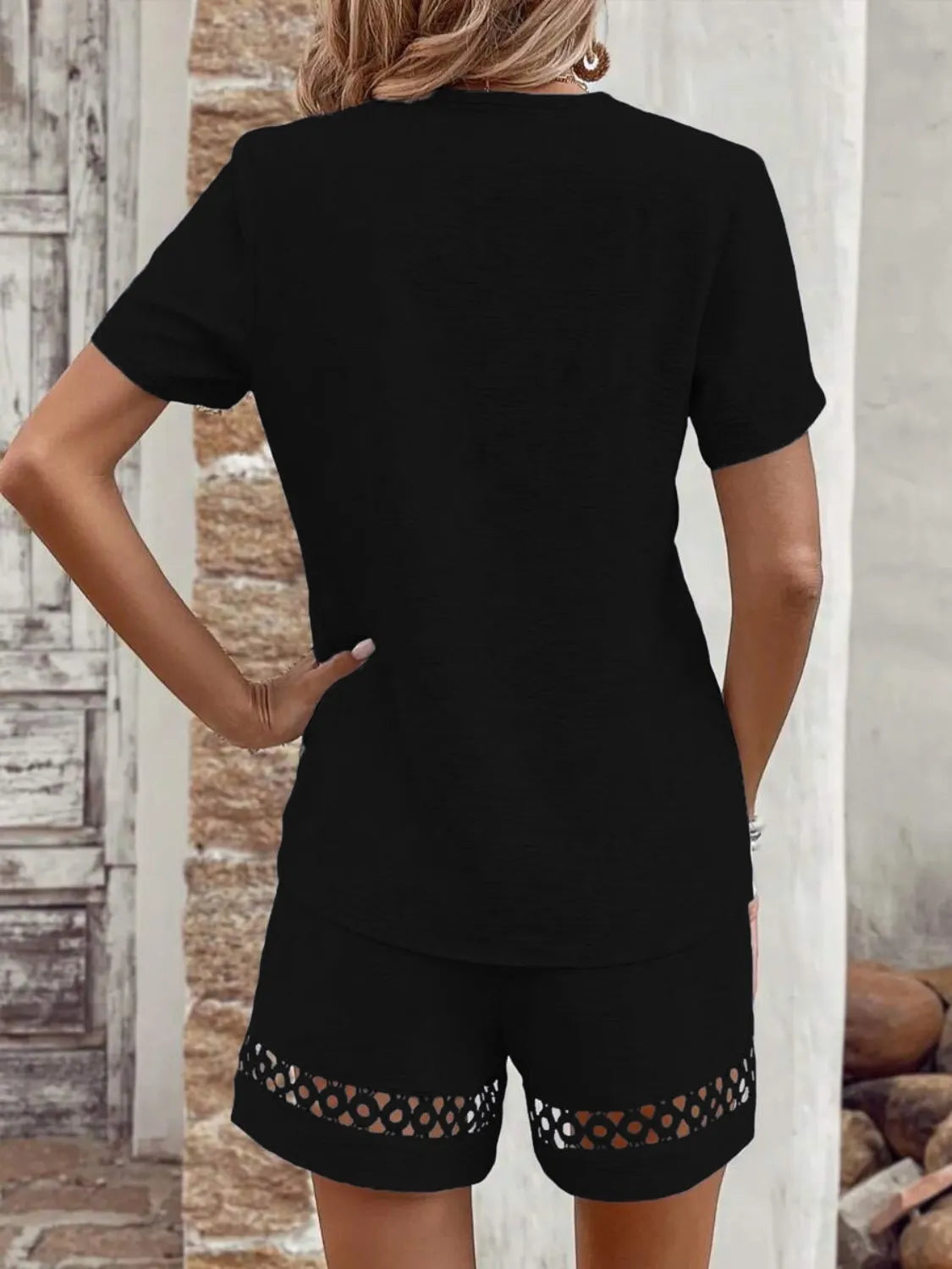 V Neck Short Sleeve Top and Shorts Set