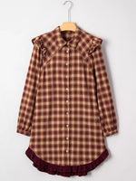 Plaid Print Ruffled Long Sleeve Patchwork Hem Mini Shirt Dress