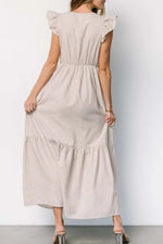 Slit Striped V-Neck Ruffled Cap Sleeve Dress