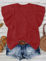 Polka Dot Notched Ruffled Cap Sleeve Blouse
