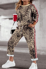 Plus Size Leopard Round Neck Top and Pants Set