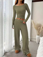 Ribbed Knit Boat Neck Top and Pants Set