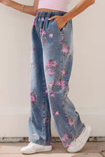 Floral Print Wide Leg Elastic Waist Jeans