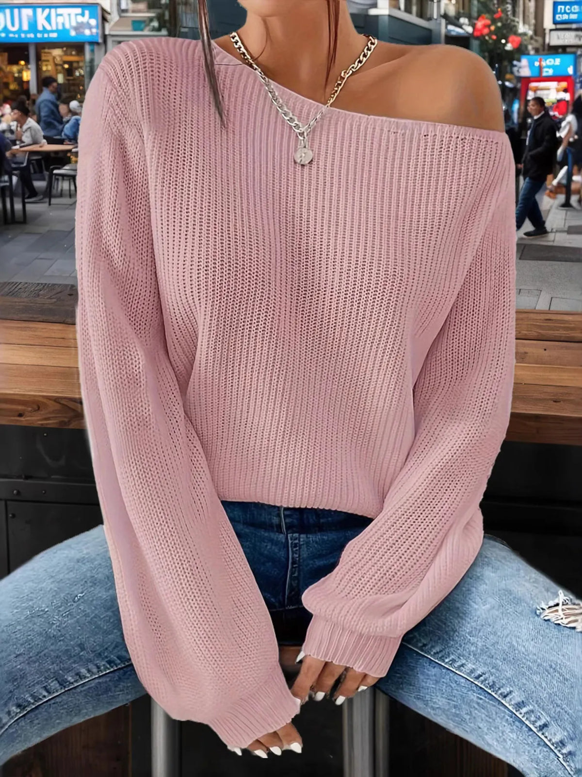 One-Shoulder Ribbed Knit Top with Relaxed Fit