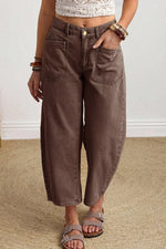 Solid Color Square Patch Pocket Ankle-length Barrel Jeans