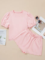 Puff Sleeve Pearl Embellished Scallop Trim Top and Skort Set