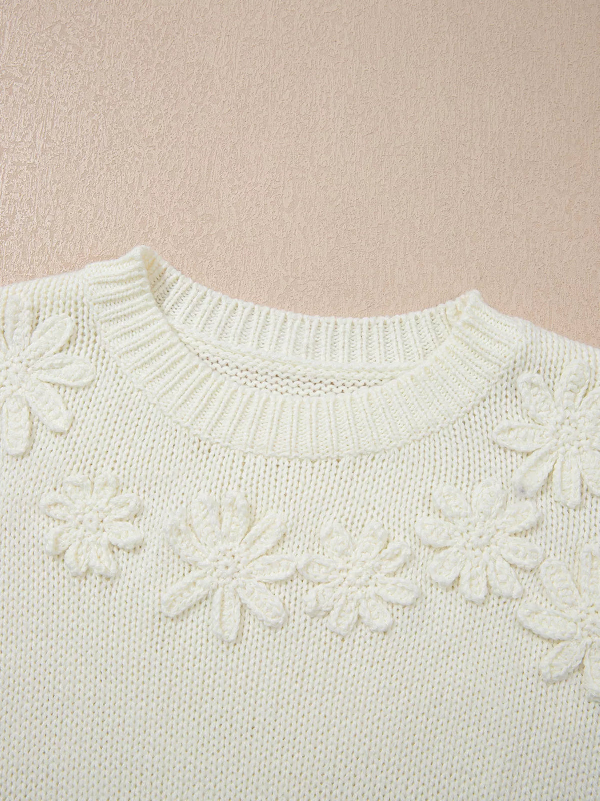 Flower Detail Round Neck Contrast Textured Puff Sleeve Sweater
