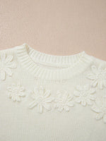 Flower Detail Round Neck Contrast Textured Puff Sleeve Sweater