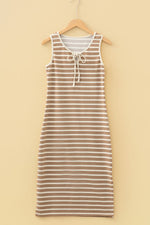 Stripe Tie V Neck Sleeveless Side Slit Midi Dress