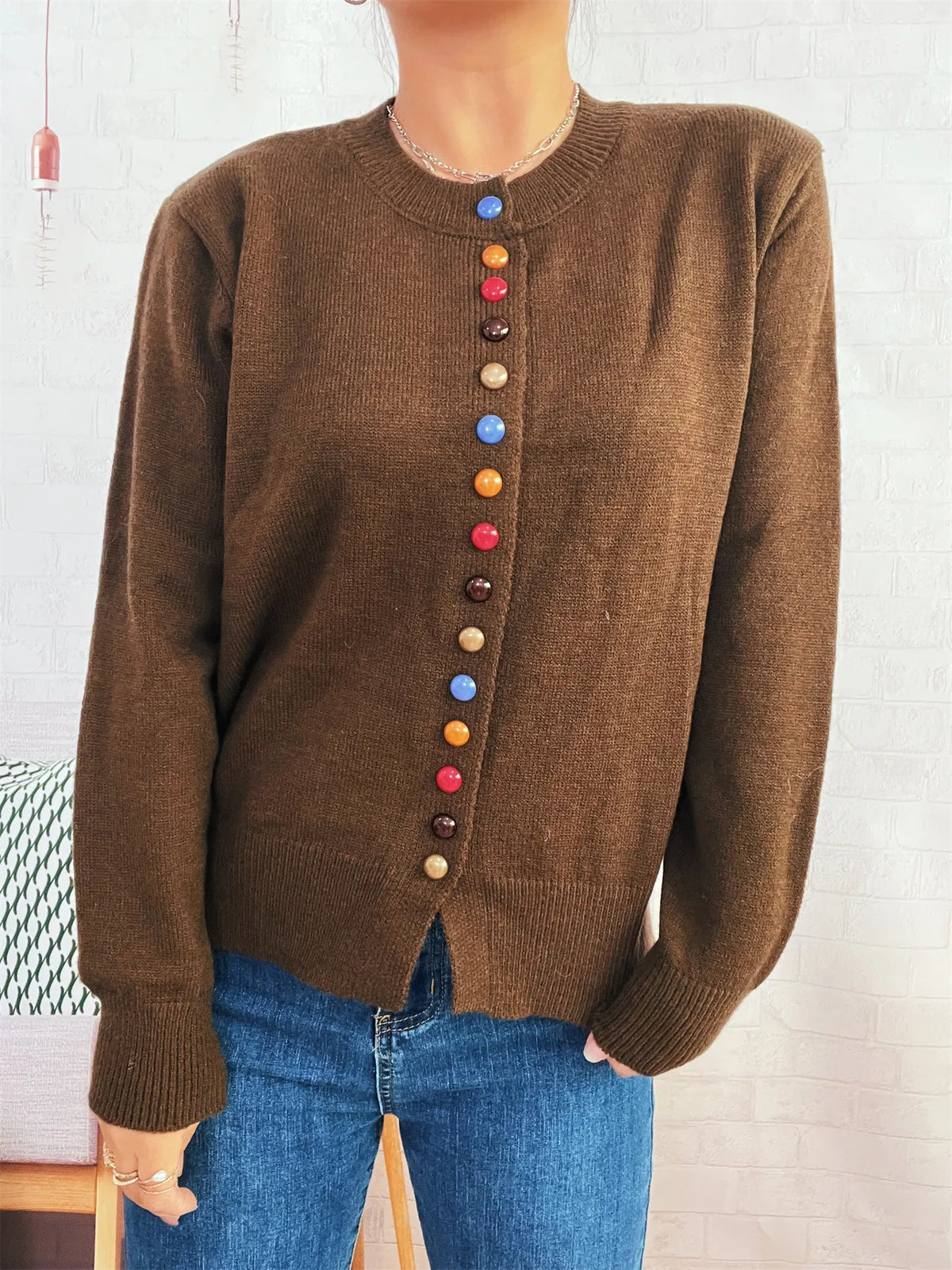Button-Front Cardigan with Colorful Detail Buttons