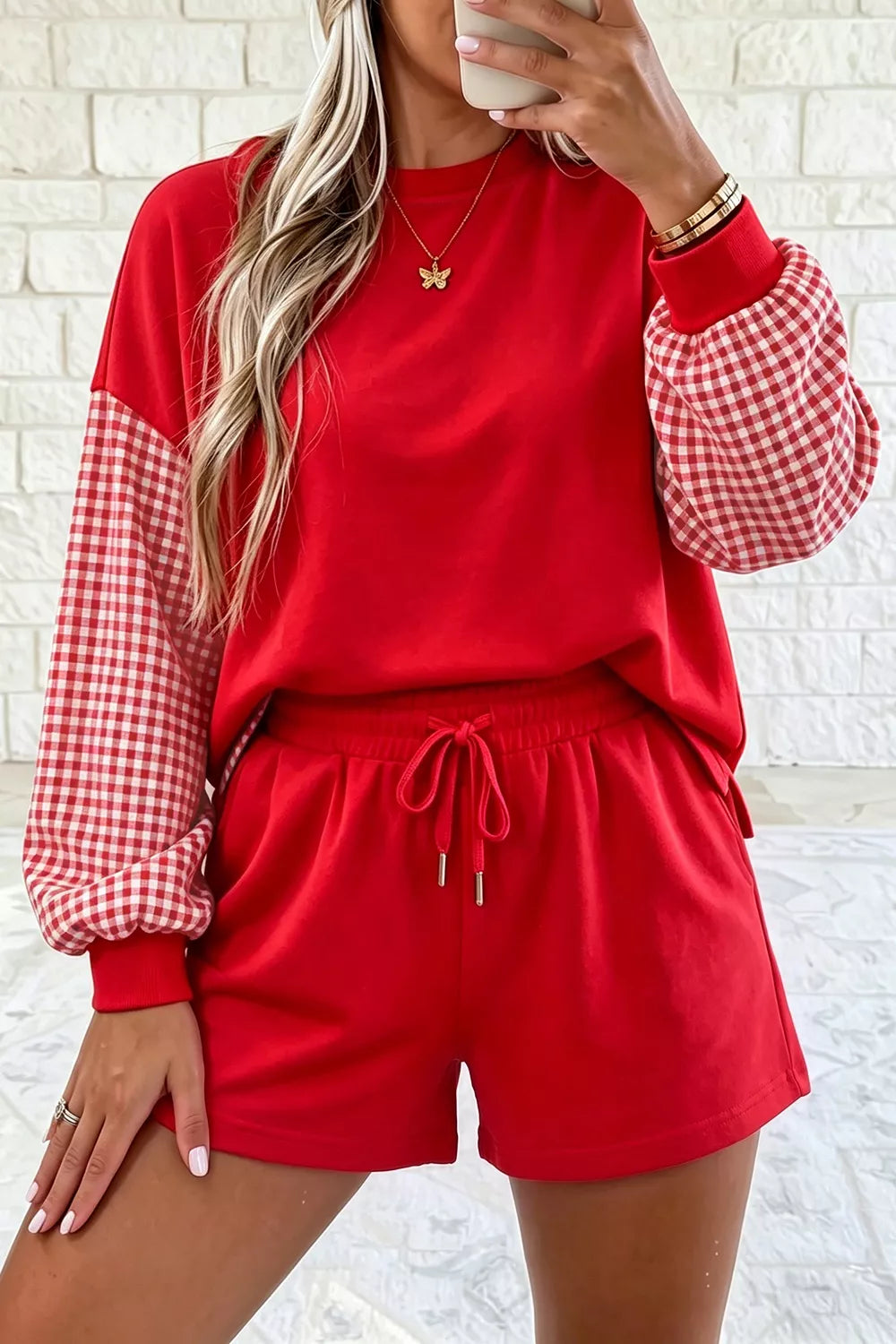 Gingham Patchwork Long Sleeve Sweatshirt and Shorts Set