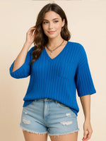 Plus Size V-Neck Ribbed Knit T-Shirt