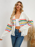 Drawstring Striped Dropped Shoulder Hooded Cardigan