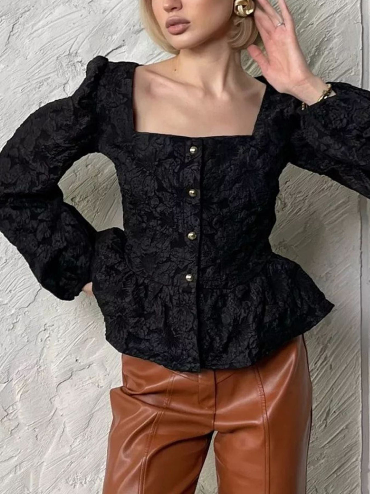 Textured Square Neck Balloon Sleeve Shirt