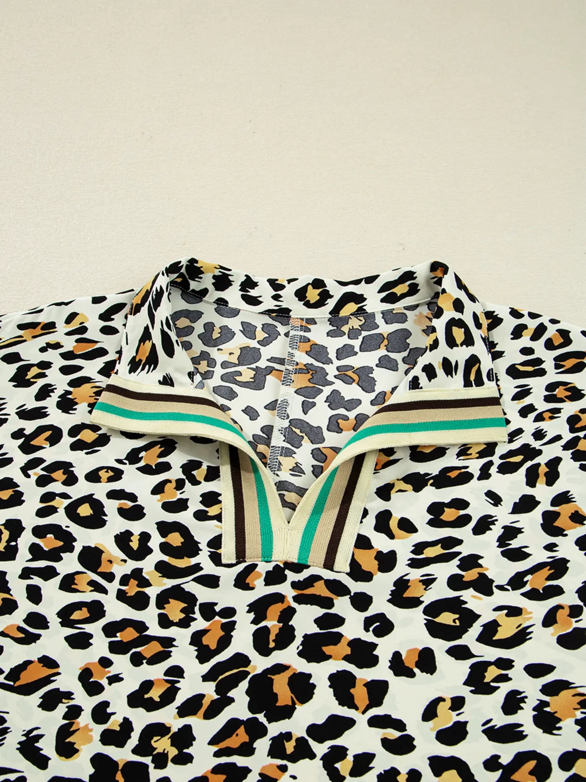 Leopard Print Contrast Striped V Neck Blouse
