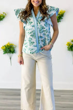 Floral Meets Stripes V Neck Flutter Sleeve Blouse