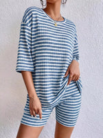 Striped Round Neck Top and Shorts Set