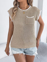 Contrast Trim Round Neck Cap Sleeve Sweater