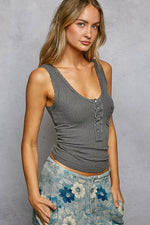 POL Lace Trim Tank with Front Button Closure