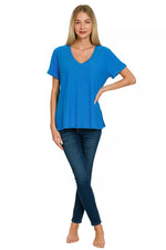 Zenana Slub Rolled Short Sleeve V-Neck Tee