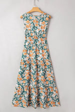 Floral Print Trimmed V Neck Tie Waist Sleeveless Dress