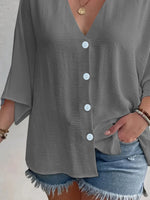 Full Size Casual V-Neck Button Down Relaxed Fit Blouse Plus Size
