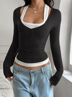 Slim Fit Long Sleeve Fake Two Piece T-Shirt
