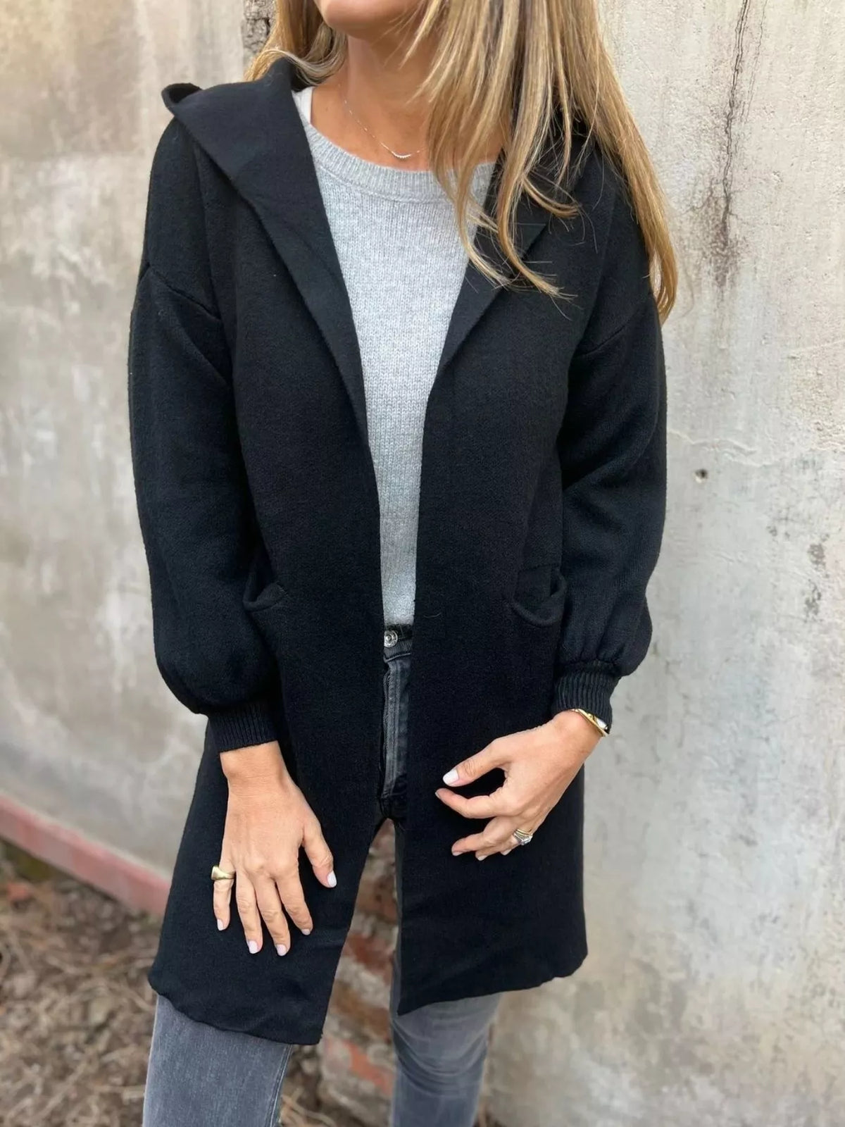 Full Size Open Front Drop Shoulder Hooded Cardigan Plus Size