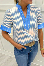 Stripe Color Block Detail V Neck Short Sleeve Blouse
