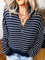 Stripe Textured Knit Half Zip Collared Long Sleeve Top