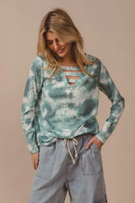 BiBi Variegated Tie Dye Rib V-Neck Top with Strapped