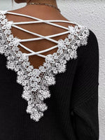 Lace-Trimmed Back V-Neck Sweater