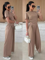 Drawstring Crop Top and Wide-Leg Pants Set