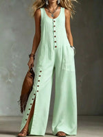 Full Size Sleeveless Button Front Wide Leg Jumpsuit Plus Size